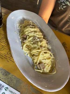 Carbonara (Al denté, peppery, wholesome dish) at Buddy VEGGY in Rome