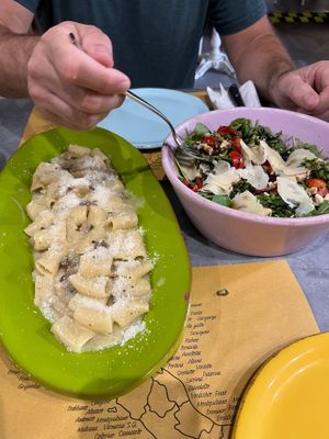 Large mixed greens salad which was ok, but the Carbonara was disappointing and had a bad aftertaste. at Buddy VEGGY in Rome