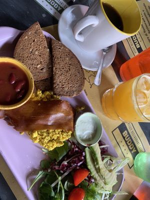 Tofu scramble, vegan bacon, spicy kidney beans and rye toast   at Buddy VEGGY in Rome