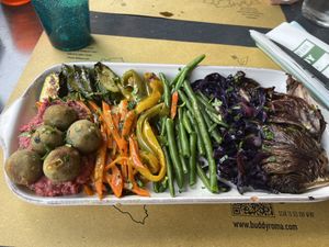 Seasonal vegetables and lentil balls with beetroot hummus   at Buddy VEGGY in Rome