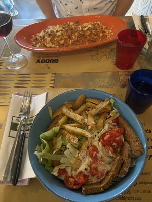 Caesar salad and amatriciana (vegan)   at Buddy VEGGY in Rome