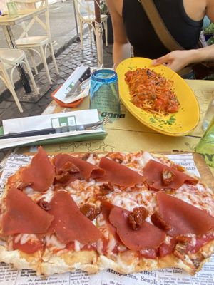 Speck pizza and spaghetti puttanesca   at Buddy VEGGY in Rome