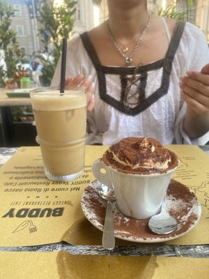 Iced latte with oat milk and Oreo tiramisu   at Buddy VEGGY in Rome