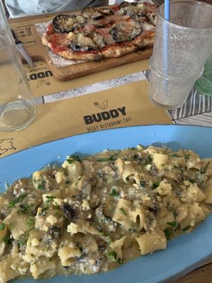 Top: Aubergine pizza Bottom: pasta of the day Glass: used to be a peanut butter banana smoothie (The Monkey)  at Buddy VEGGY in Rome