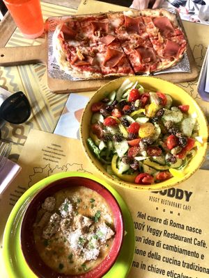 Bean soup, Greek salad without the vegan feta, & pepperoni pizza  at Buddy VEGGY in Rome
