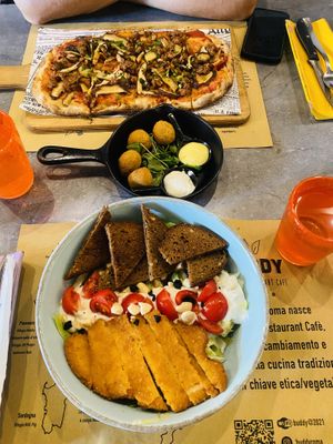 Vegan Sausage Pizza, olive studded suppli and Caesar salad! All so tasty   at Buddy VEGGY in Rome