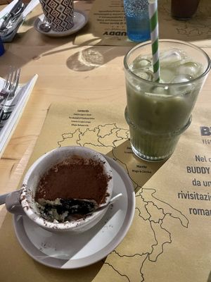 oreo tiramisu and an iced matcha latte  at Buddy VEGGY in Rome