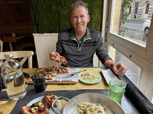 Dinner of Pinsa with Mushrooms (pizza) and Truffles in pastaa  at Buddy VEGGY in Rome