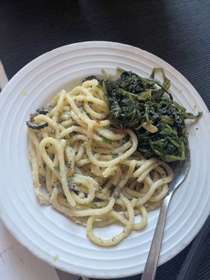 Spaghetti with fried greens as a side   at Buddy VEGGY in Rome