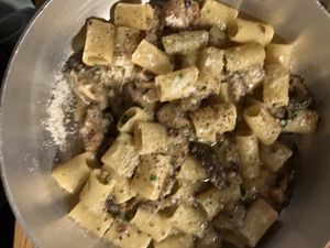 Pasta with mushrooms and vegan sausage   at Buddy VEGGY in Rome
