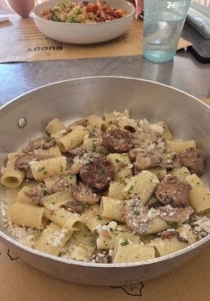 Mezza manica alla porcina felice, con salsiccia funghi e timo at Buddy VEGGY in Rome