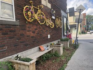 You can eat outside on the benches at Caffe della Pace in Montreal