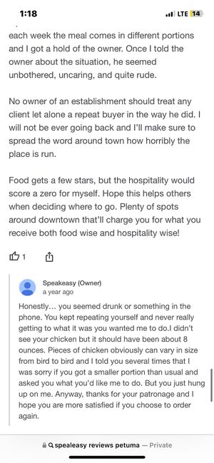 Another positive interaction from the owner.  at Speakeasy in Petaluma