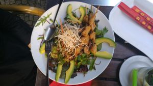 Vegan chicken with advocado and noodles with a slight touch of miso. at Savory Chay in Berlin