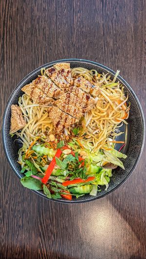 Noodles with tofu and peanut sauce  at Savory Chay in Berlin