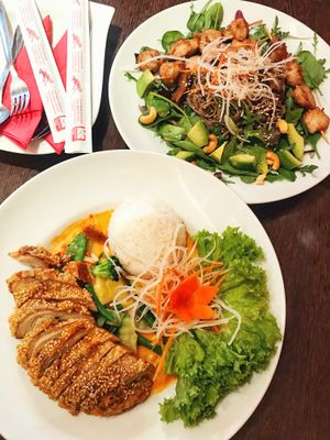 chick’n skewers & duck mango curry at Savory Chay in Berlin