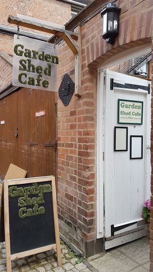 Signs outside at The Garden Shed Cafe in Leamington Spa