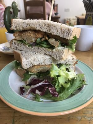 New seitan “chickin” sandwich. Completely delicious  at The Garden Shed Cafe in Leamington Spa
