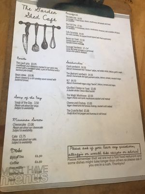 Menu - worth taking a photo of as they only had one. at The Garden Shed Cafe in Leamington Spa