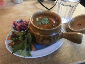 The bean stew with a little side salad instead of bread. at The Garden Shed Cafe in Leamington Spa