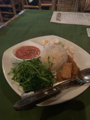 water spinach, tempe, tahu, rice, spicy sambal at Namora Vegetarian in 