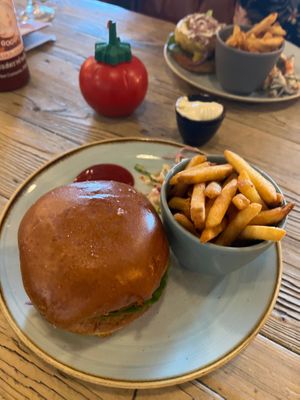Vegan beyond meat burger with Apple Wood smoked cheddar and a side of vegan mayo for the fries plus vegan coleslaw at Lounges - Brasco Lounge in Liverpool