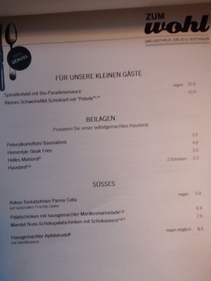 Kids menu, Sides, Sweets at Zum Wohl in Vienna