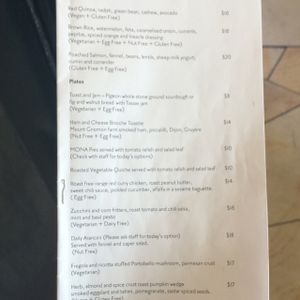 menu with 2 specifically vegan options.  at MONA Museum Cafe in Berriedale