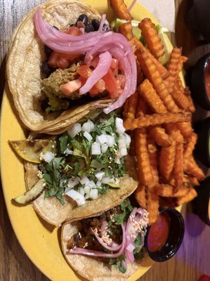 3 vegan tacos + sweet potato friess  at Tex Tubb's Taco Palace in Madison