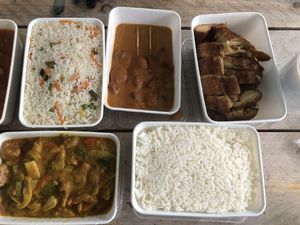 From left to right, up to down: Nasi, satay, Peking Duck, chicken in currysauce and plain rice.  at De Oude Plek in Rotterdam