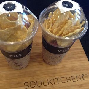 Spicy Meatless Taco 
#red cabbage
#barley
#tomatoes
#blackolives
#tortillachips
#sriracha taco dressing
 at Soul Kitchen in Davao City