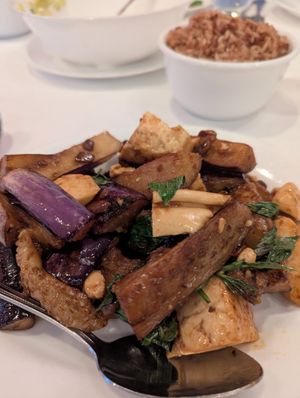 Eggplant with steamed tofu at SriPraPhai in Williston Park