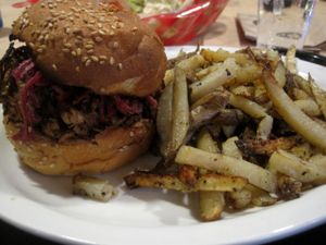 Oven-baked fries and shiitake teriyaki burger. The fries are a bit lemony and the burger is really tasty. It makes you feel like you are eating good junk =) at Copper Branch - 600 Maisonneuve W/O in Montreal