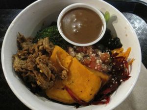 ARISTOTLE bowl w/ Basil Balsamic Vinaigrette. Sweet potato, bruschetta, olives, organic hemp seeds, broccoli, beet, turnip, lettuce, chickpeas, organic sprouted mung beans. It was pretty good, but not my favorite bowl. I asked for no sprouted beans. at Copper Branch - 600 Maisonneuve W/O in Montreal