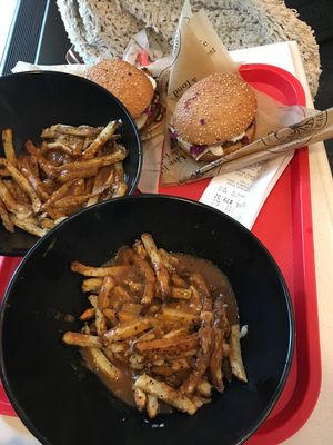 Poutine and shiitake mushrooms burger (best vegan cheese ever) at Copper Branch - 600 Maisonneuve W/O in Montreal