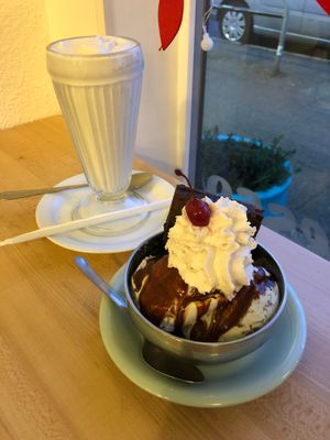 Vanilla shake and mint condition brownie sundae at The Cookie Counter in Seattle