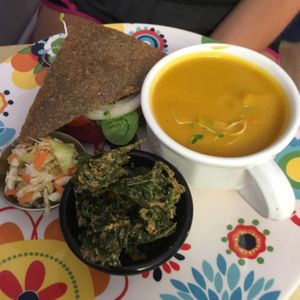 butternut squash soup with veggie and avocado sand which  at Real Food in Viera