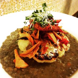 Puy lentil stew, cauliflower steak- delicious and Vegan  at Momo Restaurant in Waterford