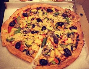 Vegan cheese and pepperoni pizzas at Pizza Design Co. in Parramatta