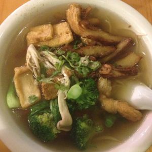 noodle soup (yellow noodles, ie ramen, with 'duck') at Golden Lotus Vegan in Newtown