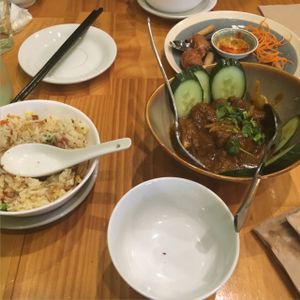 fried rice and a beef curry  at Golden Lotus Vegan in Newtown