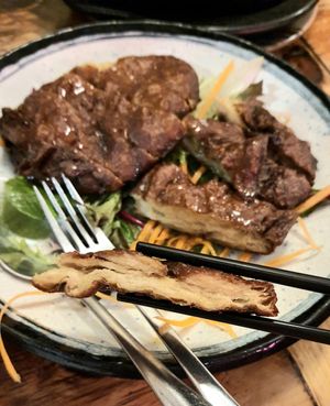 mock duck with plum sauce - close-up at Golden Lotus Vegan in Newtown