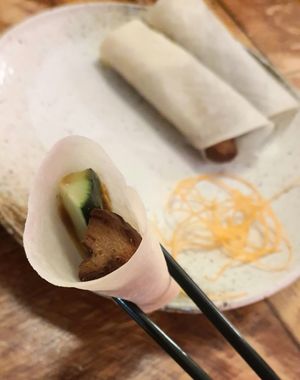 pancakes with mock duck (appetizer) - close-up at Golden Lotus Vegan in Newtown