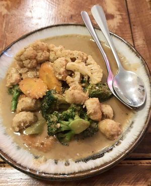 mock chicken in satay sauce at Golden Lotus Vegan in Newtown