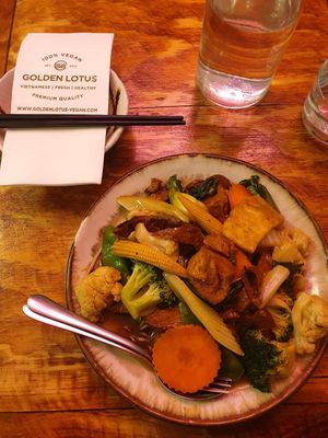 Stir Fry Rice Noodle with Combo soy meat and veggie $23.80 at Golden Lotus Vegan in Newtown