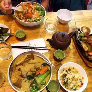 our main meal spread! at Golden Lotus Vegan in Newtown