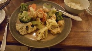 Vegan Chicken with vegetables and satay sauce at Golden Lotus Vegan in Newtown