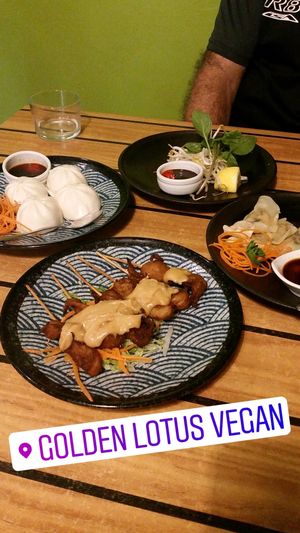 entrees - satay sticks, steamed buns and dumplings at Golden Lotus Vegan in Newtown