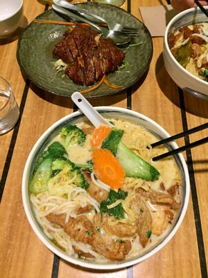 Combination Laksa and Duck in Plum Sauce   at Golden Lotus Vegan in Newtown