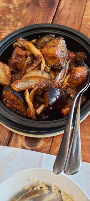 Eggplant  baked in crock pot at Golden Lotus Vegan in Newtown